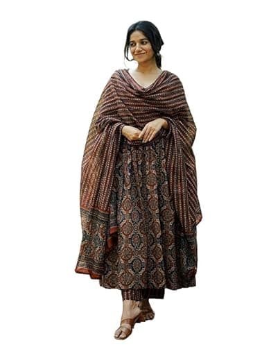 SKY FAB Women Printed Flared Anarkali Kurta with Pant and Dupatta Suit Set | Kurta Set Brown