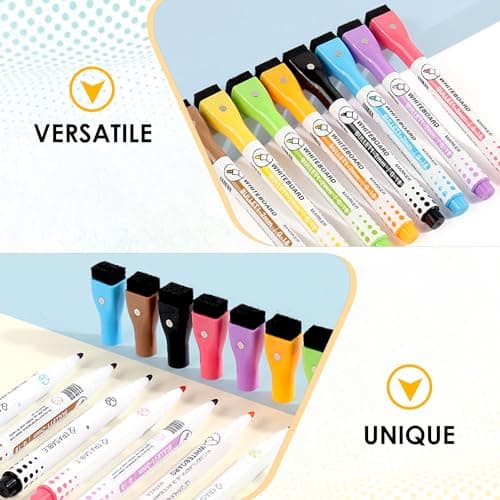 GLUN® Multicolour Whiteboard Markers Pens, Pack of 8 Dry Erase Markers with Eraser on Cap, Magnetic Washable Markers for White Board 5