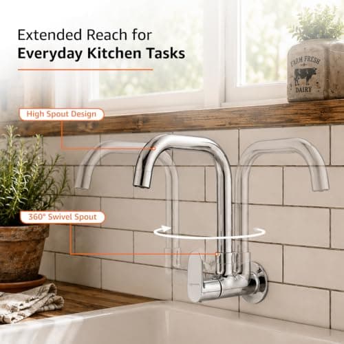 Amazon Basics Rectangular Kitchen Faucet | Cold-Only Single Lever Sink Tap with 360 Degree Swivel Spout | Aerated Water Flow | 15mm / 1/2 BSP | Kitchen Use [Chrome] 3