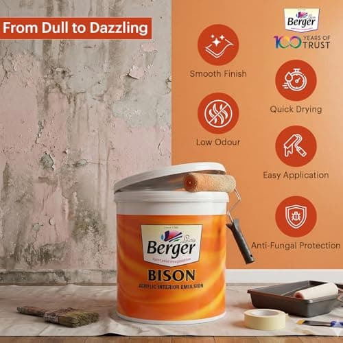 BERGER Bison Interior Emulsion Paint for Walls and Ceilings with Anti-Fading Properties Acrylic Based Washable & Durable Rich Smooth Matt Finish (1Ltr, White) 2