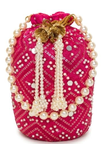 ATHZ potli Rani color || Mirror Work damru shaped || white beads embellishment potli bag for women || Wedding | Party | Anniversary || return gifting