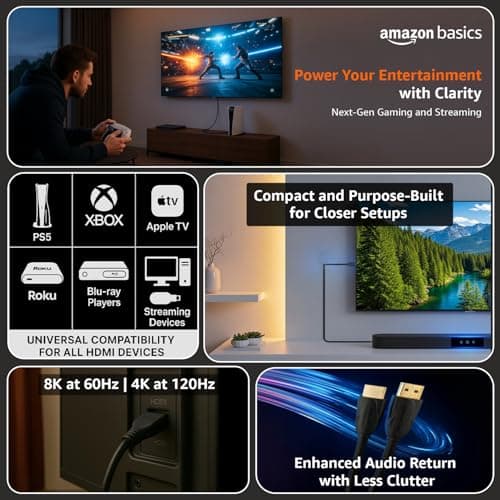 Amazon Basics Pro Series 8K HDMI 2.1 Cable - 10 Feet | 8K 60Hz HDR, 4K 120Hz, High Speed 48Gbps with Ethernet, eARC, 3D, HDCP 2.3 | Compatible with PS5, Xbox, Roku, Apple TV, Switch, PC 2