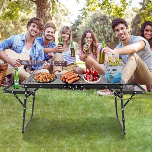 MUGATH Portable Folding Camping Table, Adjustable Height Aluminum BBQ Table with Mesh Grill & Dual Wing Panels, Lightweight Picnic Table for Outdoor Cooking, Beach & Garden 2