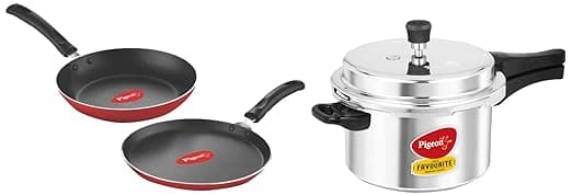 Favourite Induction Base Aluminium Pressure Cooker with Outer Lid, 5 Litre & Aluminium Nonstick Duo Pack Flat Tawa 250 and Fry Pan 200 Gift Set