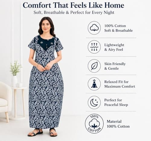 Cotton Nighty for Women | Stylish Maxi Length Night Gown | Soft & Comfortable Nightwear with Pocket | Available in L to 3XL (Blue with White Leaf, XL) 2
