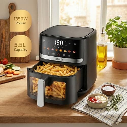 IBELL AERO FRY 550 Digital Air Fryer, 5.5 Litre Capacity, 1350W Power, Touch Control Panel, Multiple Cooking Options, Adjustable Temperature, Oil-Free Cooking, Black, 2 Year Warranty 3