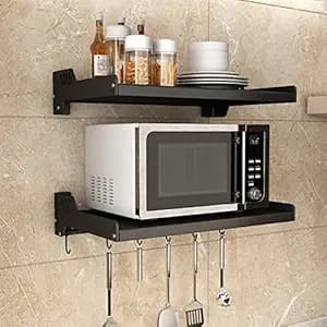 OrganizeMee Alloy Steel Microwave Oven Wall Shelf Stand Kitchen Organizer,Racks and Shelves for Storage Mixer Table Grinder from 17To25 Liter Size 55 Cm Wide with Hooks(Stage Stage Matte Black)