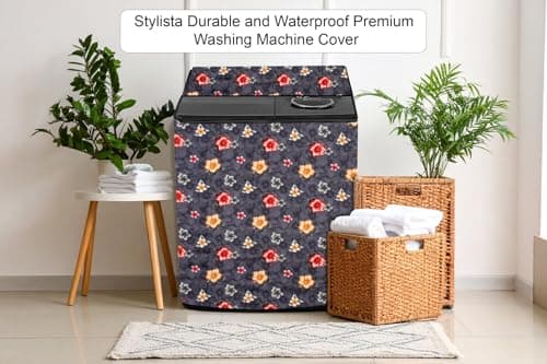 Stylista Washing Machine Cover Compatible for LG 8 KG Semi-Automatic Top Loading P8035SPMZ Floral Grey, Polyester Waterproof 3