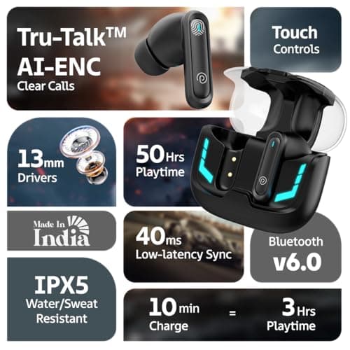pTron Bassbuds Turbo in-Ear TWS Earbuds w/ 40ms Low-Latency, 50Hrs Playtime, Custom EQ, App Support, Dual Mic, TruTalk AI-ENC Calls, Immersive Sound, RGB Lights, Bluetooth V6.0, IPX5 (Raven Black) 2