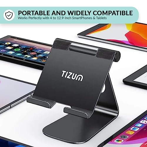 Tizum Aircase Mobile Stand, Tablet & Mobile Holder, Mobile Holding Stand, Premium Rust-Free Metal Body, Multipurpose Foldable & Anti-Skid Design, 180° View, Charger-Friendly, Widely Comaptible-Black 2