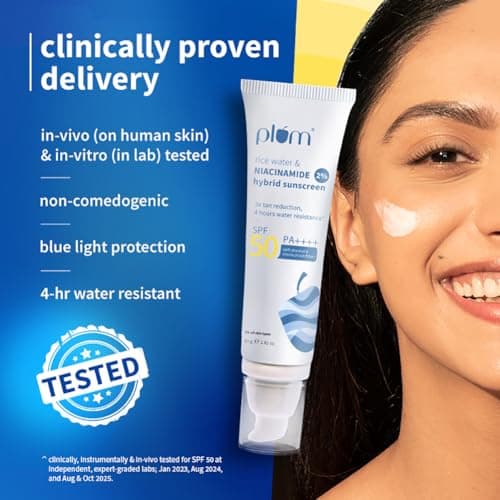 Plum 2% Niacinamide Sunscreen SPF 50 PA+++ With Rice Water | 4 Hrs Water Resistance | 3x Tan Reduction & Brightens | No White Cast, Lightweight, Non-Sticky | Dermatologically Tested | Women & Men | 10 3
