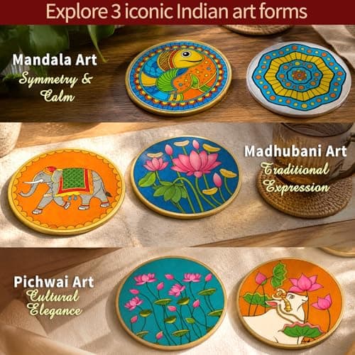 Mind Pilot Art & Craft Kit for Kids & Adults | 3-in-1 Indian Painting Kit | Mandala, Madhubani & Pichwai | 6 Pre-Marked Wooden Coasters | 12 Colours | DIY Gift Set | Ages 8+ 3