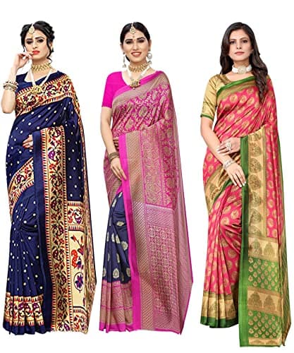 Yashika Women's Combo Art Silk Saree with Blouse Piece-Pack of 3(MATWALI Metro Navy-ALIFA Pink) Multicolor-09