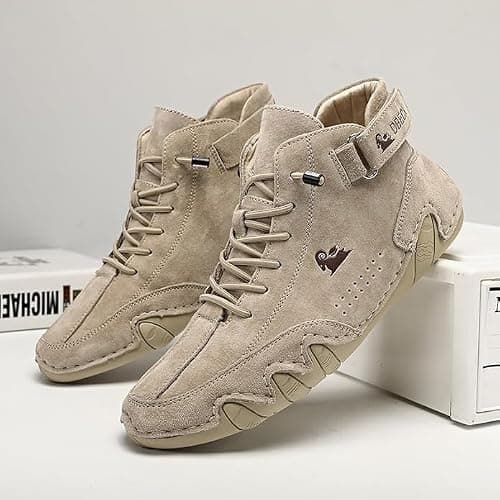 Zixer Men's Italian Suede Leather Velcro Sneakers - Comfortable Casual Walking Shoes with Laces Up, Soft AIR Mix and Non-Slip Sole for Everyday Wear Beige 4