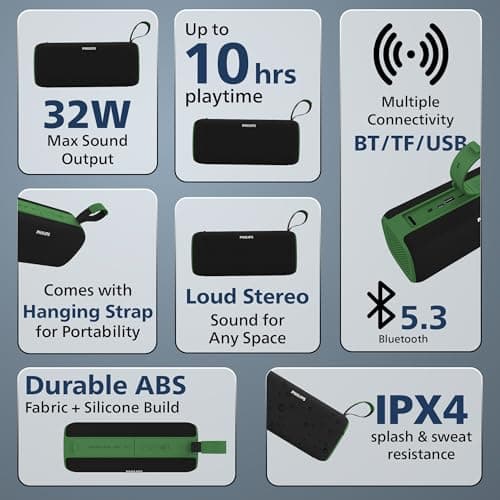 PHILIPS Audio TAS2400GR Portable Bluetooth Speaker with Stereo Sound, 32W RMS, 2400mAh Rechargeable Battery, BT v5.3 Connectivity, IPX4 Waterproof, Supports TF/USB/BT Modes with Hanging Strap (Green) 3