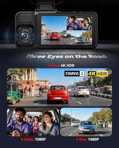 REDTIGER F17 2026 Edition 4K 3 Channel Dash Cam for Car, Upgraded STARVIS 2 IMX675 Sensor, 4K Front + 1080P Cabin + 1080P Rear, 5.8GHz WiFi + GPS, IR Night View, WDR, 64GB Card Included 2