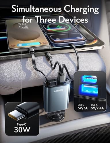 LISEN Car Charger, Cigarette Lighter Socket, USB-C PD30W, Retractable Charging Cable, Total 57 W, 3 in 1 Connector Socket, USB Rapid Charging, Car Charger, Type C, Car Accessories, Official Car Goods 3