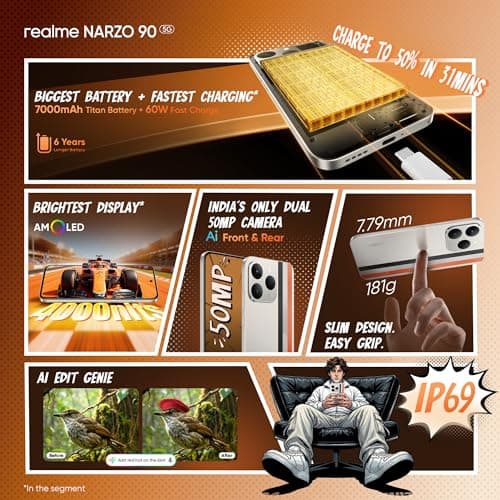 realme NARZO 90 5G (Victory Gold,8GB+128GB) | 7000mAh Biggest Battery | 60W Fastest Charging | 50MP Front & Rear AI Cameras | 4000nits Brightest Display | AI Assist | IP69 Dust & Water Resistance 2