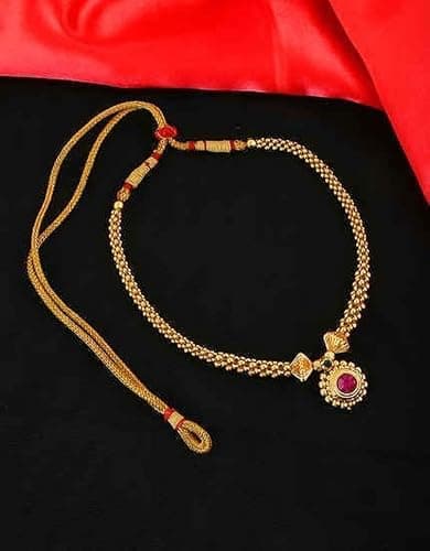Lila Traditional Wedding Maharashtrian Kolhapuri Thushi Necklace Saaj Thushi Mangalsutra Pendant Locket Necklace Set Jewellery Set with Jhumki Earring Combo 4