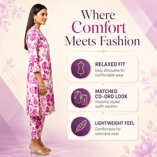 SHINESHAGUN Women Floral Printed Kurta Pant Set | Stylish Straight Fit Ethnic Co-ord Set for Women | 3/4 Sleeve Casual & Office Wear Kurti with Pants | Pink & White 4