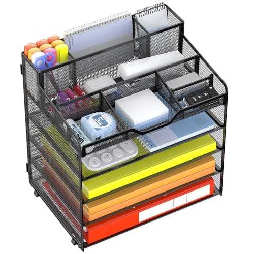 Docnest 5 Tier Mesh Desk Organizer for Paper Office Supplies – Multi-Functional Letter Tray with 5 Adjustable Compartments, 3 Pen Holders, Desktop Storage for Files, Mail, Stationery – Black