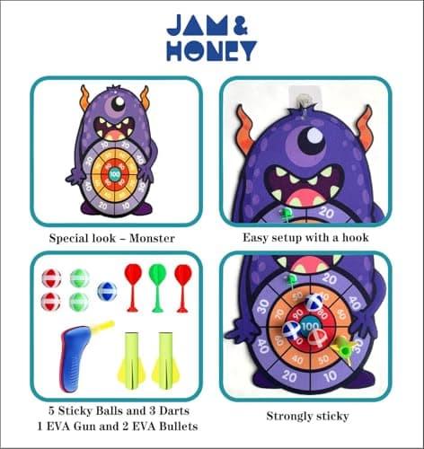 Amazon Brand - Jam & Honey Shooting Dart Game for Kids Cartoon Target Toy Sets, Fabric Dart Board, Children's Indoor Outdoor Sport Game Toys Gifts (Monster) 3