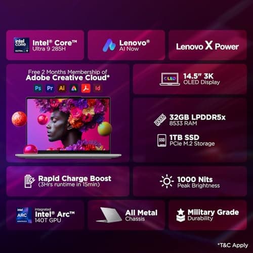 Lenovo Yoga Pro 7 Aura Edition, Intel Evo Core Ultra 9 285H, 32GB RAM, 1TB SSD, 3K OLED, Copilot+ PC, 14.5"/36.8cm, Touchscreen, Win 11, Office 24, AI Now, Grey, 1.5Kg, 83KF001LIN, AI Powered Laptop 2