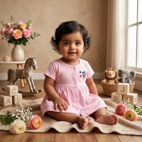 KIDEEZGUILD... 100% Pure Cotton Baby Girls Frock Dress Front Open Soft Breathable Half Sleeve Knee Length Daily Casual Wear Solid Color Summer Girl's Dress (in, Age, 3 Months, 6 Months, Set of 6 A) 3