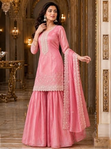 Anveri Textiles Women's Pink Embroidered Kurta Sharara Set with Dupatta | Ethnic Traditional Suit | Elegant Lace Work & Festive Outfit 4
