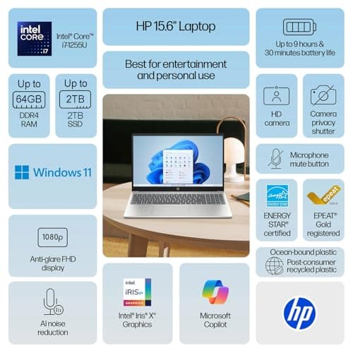 HP New Core i7 15.6" Laptop 2026 Edition | Intel High-Performance Core i7-1255U up to 4.7GHz | 16GB RAM - 512GB PCIe SSD | Webcam | FHD | Long Battery Life | Windows 11 | Business & Academic 2