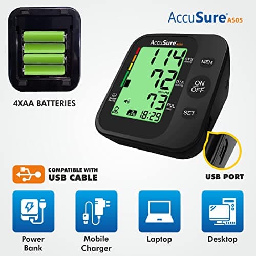 AccuSure AS05 Blood Pressure Monitor 3 Color Smart Display Technology & Adjustable Arm Cuff Fully Automatic Arm-Type Digital BP Monitor With Option For Micro Usb Port, Black 3
