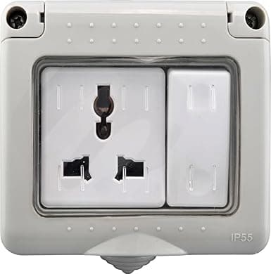 IP55 Weatherproof Outdoor Socket with Switch, Universal Multi-Plug, Grey, Wall Mounted (2)
