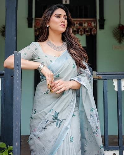 Kaugalian store Linen Cotton Floral Printed Grey & Blue Saree For Women With Unstitched Blouse Piece 5