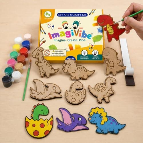 ImagiVibe Paint Your Own Dino Fridge Magnets Kit for Kids | 6 MDF Dinosaur Cutouts DIY Painting Activity with Colours & Brush | Creative Screen-Free Art & Craft Kit | Made in India (Dinosaurs)