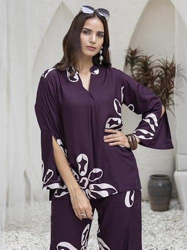 TITTLI Printed Rayon Co-Ord Set for Women | Mandarin V-Neck Full Sleeves Tunic with Slit Detail & Relaxed Fit Trousers | Casual Wear Outfit | Women's Printed Co-Ord Set for Summers Wine 2