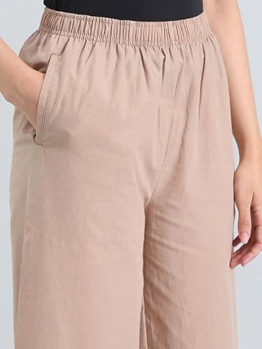 GO COLORS Women’s Cotton Hakoba Palazzo | Ankle Length, Schiffli Embroidery, Relaxed Fit, Mid-Rise with Side Pocket (Beige) 4