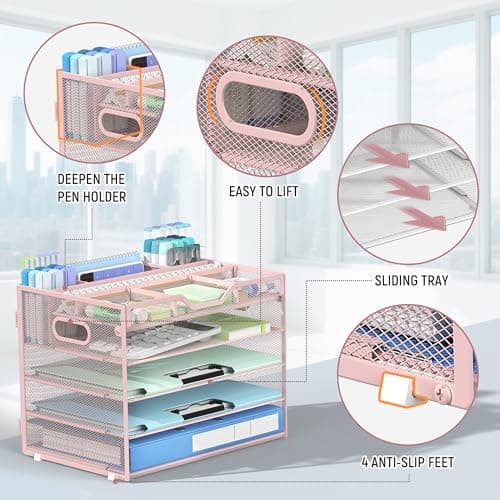 DocNest 5 Tier Mesh Desk Organizer- Letter Tray with Adjustable Compartments, Built in Pen Holder and Handles, Stackable Paper Organizer for Paper Mail Documents Office Supplies–Pink 5