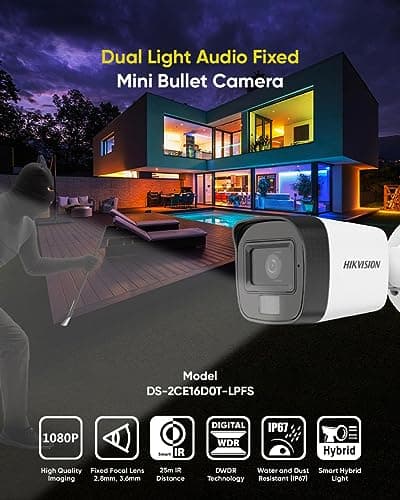 HIKVISION Full HD 4 Channel DVR with 2 MP 4 Outdoor Cameras [COLOR NIGHT VISION + BUILT-IN AUDIO MIC + SMART DUAL LIGHT + MOTION DETECTION] + 1 TB HDD + 4 Ch SMPS, USEWELL CCTV Cable+BNC/DC Set, WHITE 2