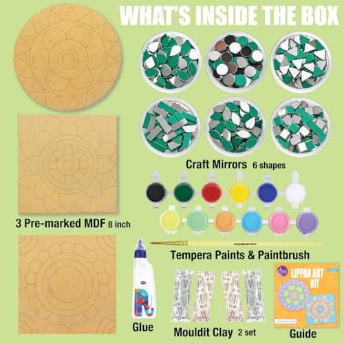 Asian Hobby Crafts Lippan Art Kit | Painting & Coloring Art Kit | DIY Wall Decoration Set with 3 MDF Bases 8 inch, Paints, Craft Mirrors, Clay Traditional Painting Art Set for Kids and Adults 3