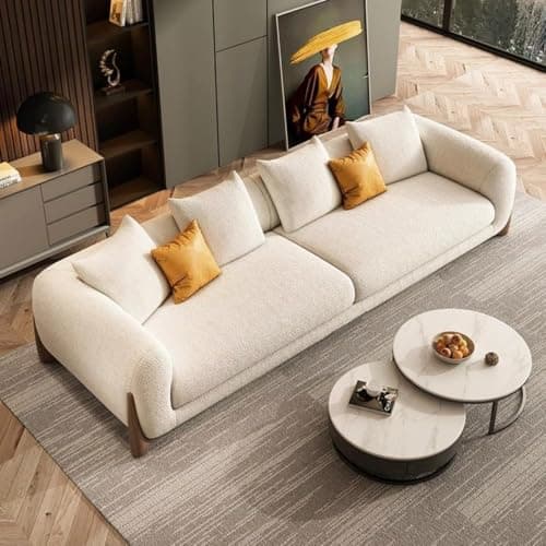 Artistic Wood Modern Sofa Chesterfield Design with Stylish Wooden Legs Bouncy Teddy Fabric Off-White Finish Sofa for Living Room, Bedroom, Hallways (3+2 Seater) 5
