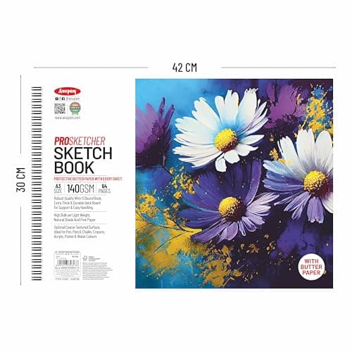Anupam Pro Sketcher Drawing Book with Butter Paper Pages A3 Size Spiral-Bound Sketchpad 140 GSM for Artists, Kids & Professionals Pencil Charcoal Pastels (32 Sheets, 64 Pages) 2