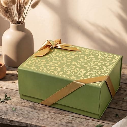 Pink Paper Co. Luxurious Gift Box for Packing Hampers with Ribbon | Gold Foil Printing | Pack of 1 Empty Box | Magnetic Closure | 22.5x16x10 cm (Green)