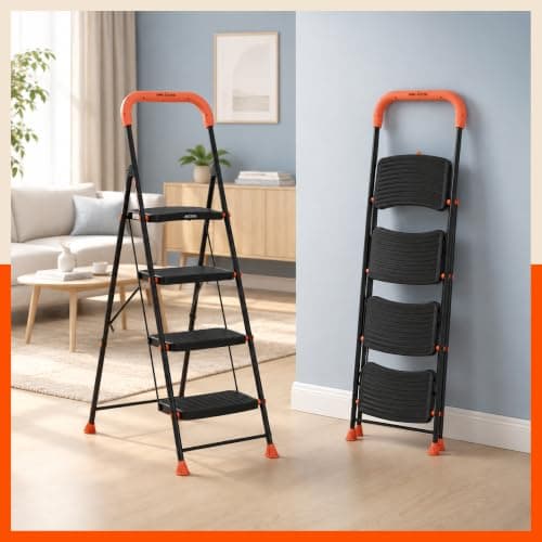Bathla 4 Step Ascend Steel Ladder for Home Use | Large Platform (36 x 20.5 cm) | Wide Anti-Skid Steps | Safety Hand Grip | Heavy Duty Foldable | 120 kg Capacity | 2-Year Warranty | Orange & Black