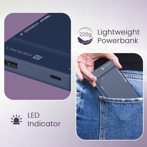 Portronics Luxcell Uno 10K 10000 mAh 22.5W Fast Charging Power Bank with Detachable Type C Cable, Ultra Slim Power Bank with Mach USB-A Output, Type C PD Output, Type C Input, Wake Up Button(Blue) 5