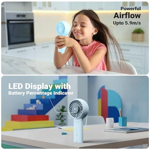 Zebronics Heat Buster 200, Portable Hand Fan, Upto 12h Backup, 3600mAh Rechargeable Battery, 5 Speed Modes, Upto 5.9m/s Airflow, LED Display, for Travel, Makeup, Office, Home (Blue) 3