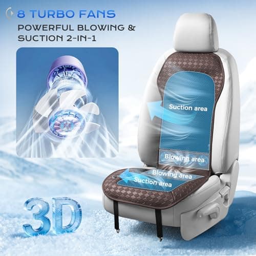 Coverado Summer Cooling Car Seat Cushion, 12V-24V Dual Blowing & Suction Ventilated Pad with 8 Turbo Fans, 3-Speed Adjustable Universal Fit for Hot Weather Car, SUV, Truck & Van-Brown 2