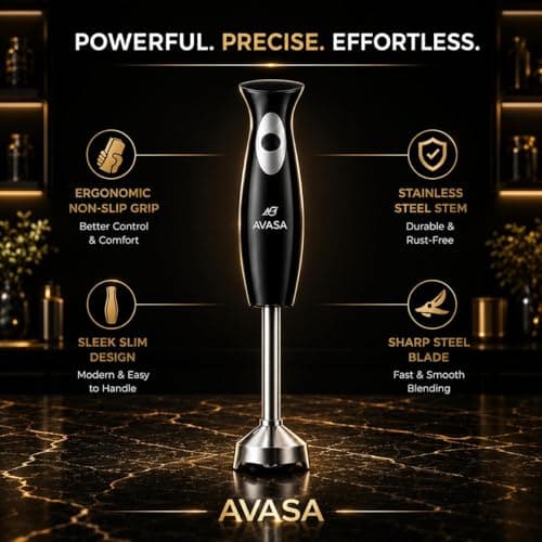 AVASA Premium Hand Blender I 300W Pure Copper Motor I Stainless Steel Rod I BIS Certified I Made in India I Powerful & Sleek Design for Smoothies, Soups & Chutneys 3