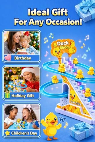 TEC TAVAKKAL Duck Slide Toy Set, Funny Automatic Stair-Climbing Ducklings Cartoon Race Track Set Duck Roller Coaster Escalator Toy with Flashing Lights & Music (Duck Slide Track Set) 4