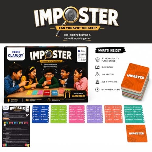 Clapjoy Board & Card Game – Imposter: Can You Spot The Fake? | 80 Cards | Bluffing & Deduction Party Game | Family Game Night | 15-30 Min Playtime | 2-8 Players | Gift for Ages 6, 7, 8, 9 & Up 4