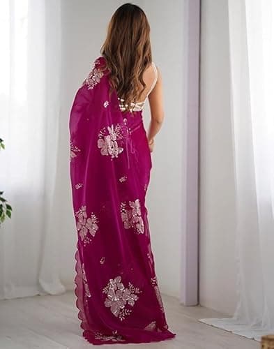 Flosive Women's Shimmer Organza Sequence Embroidery Saree With Unstitched Blouse Piece (PURPLE) 3